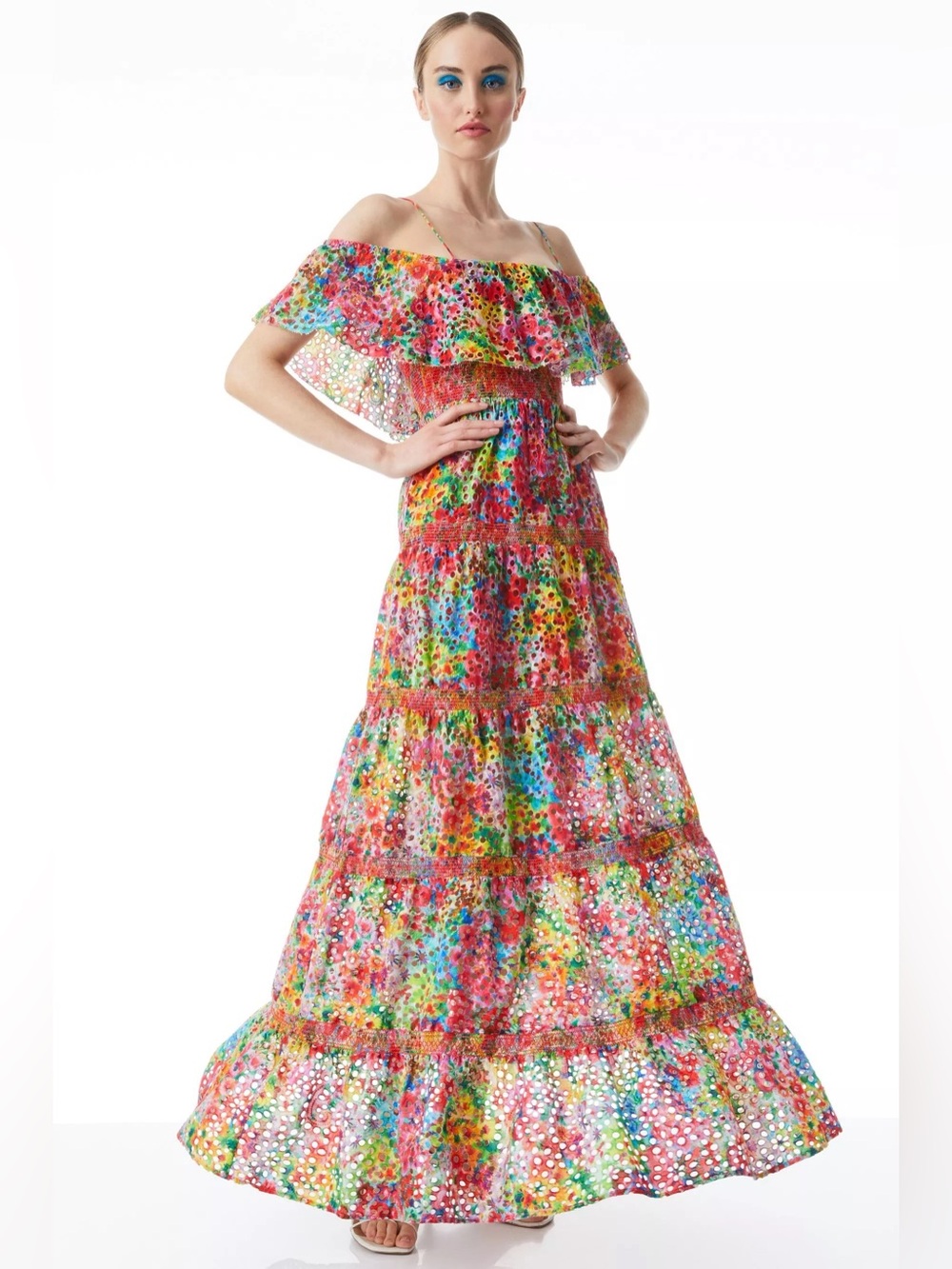 NWT $795 Alice + Olivia Kia Eyelet Cold Shoulder Maxi Dress